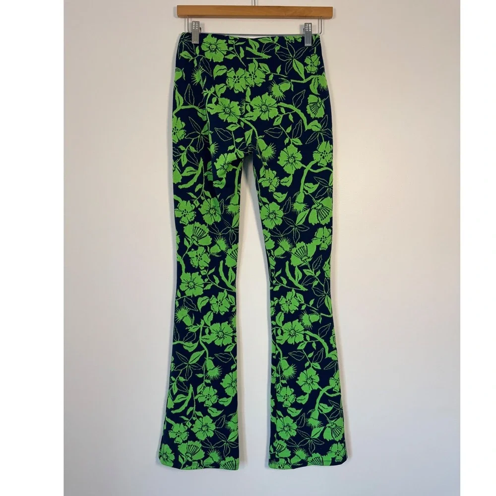 Retro Floral Zara Women Small Flare Pants Navy Lime Green‎ High Rise NWT